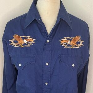 Vintage Plains Western Wear Pearl snap button navy eagle embroidered shirt small
